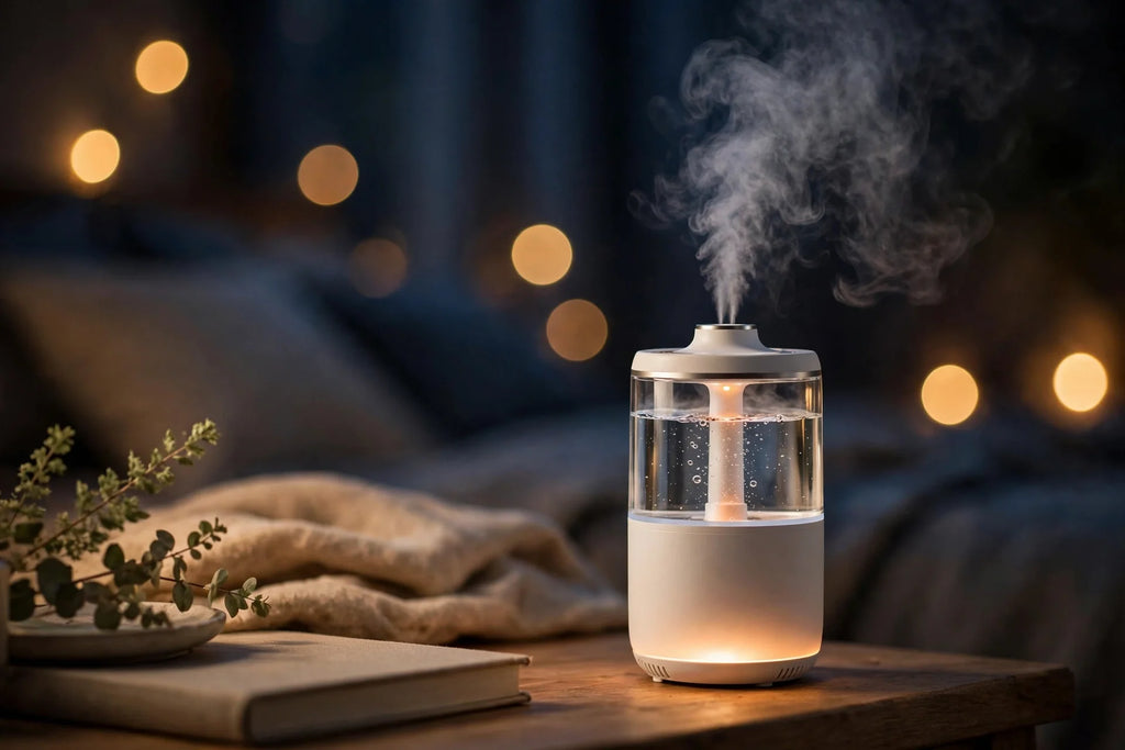 Cool mist humidifier with LED night light on bedside table