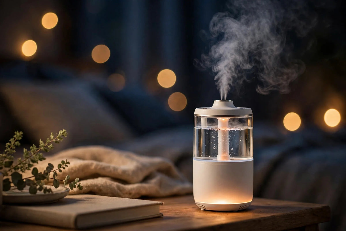 Cool mist humidifier with LED night light on bedside table