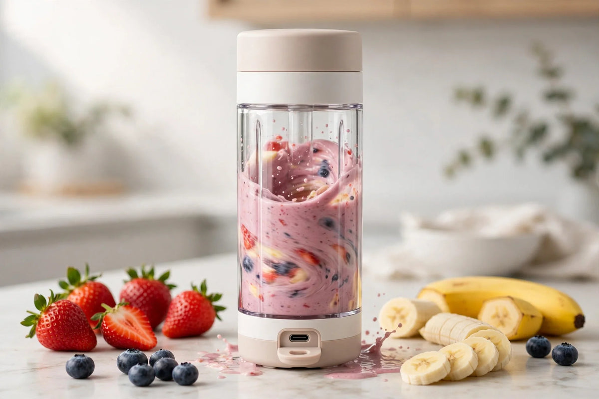 Portable blender making fresh fruit smoothie