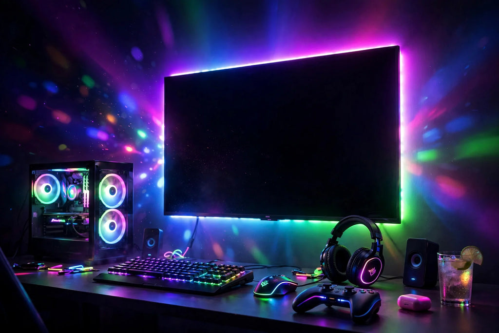 Music sync LED strip lights behind gaming setup