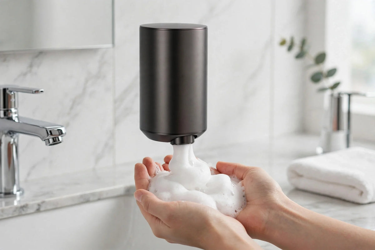 Touchless automatic soap dispenser in modern bathroom