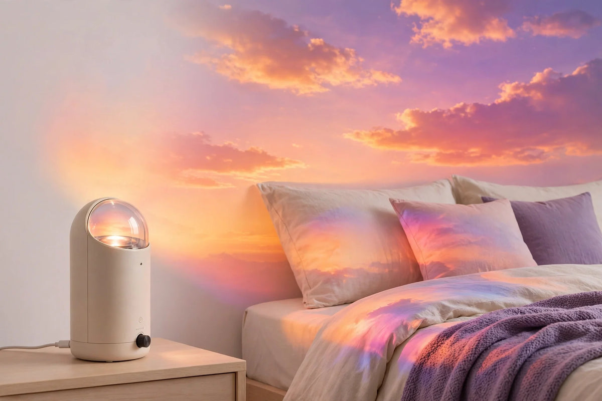 Sunset projection lamp creating dreamy glow on bedroom wall